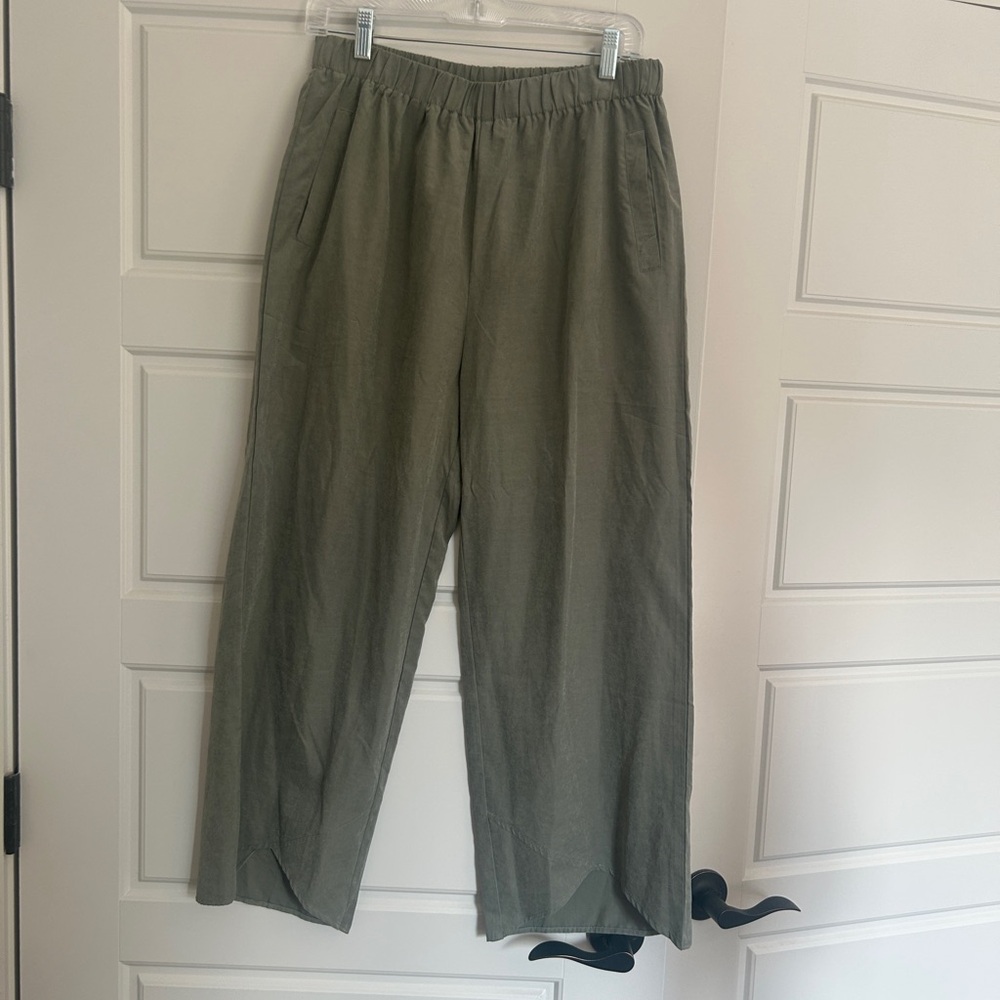 Buttery Soft Listicle Tulip Hem Elastic Waist Pants Olive Green Size Large